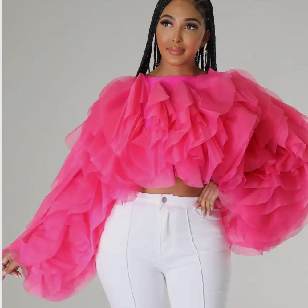 PLUS SIZE RUFFLE TULLE CROP TOP BLOUSE RED - Picture 6 of 7